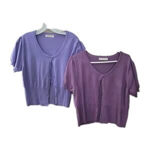 Belle Pogue Lot Of 2 Y2K Purple Short Sleeve Preppy Babydoll Cardigan Womans XL